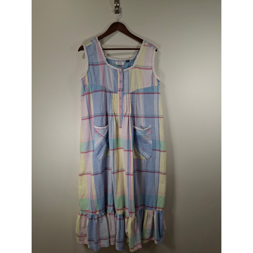 Laura Gayle Vintage Pastel Plaid Cotton Nightgown Lace Trim Pocket Sleep Dress M
